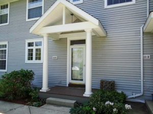 Exterior of grey building.