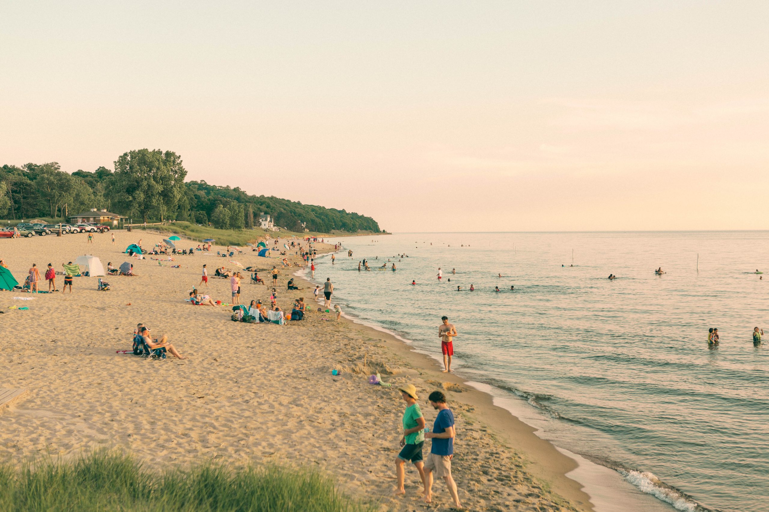 Crowded Lake Michigan beach.
